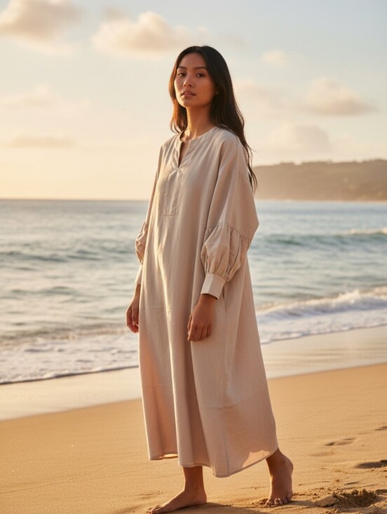 Dresses & Skirts - Boho Long Beach Dress Swim Cover-Up Oatmeal Medium Lagenlook Minimalist Modest